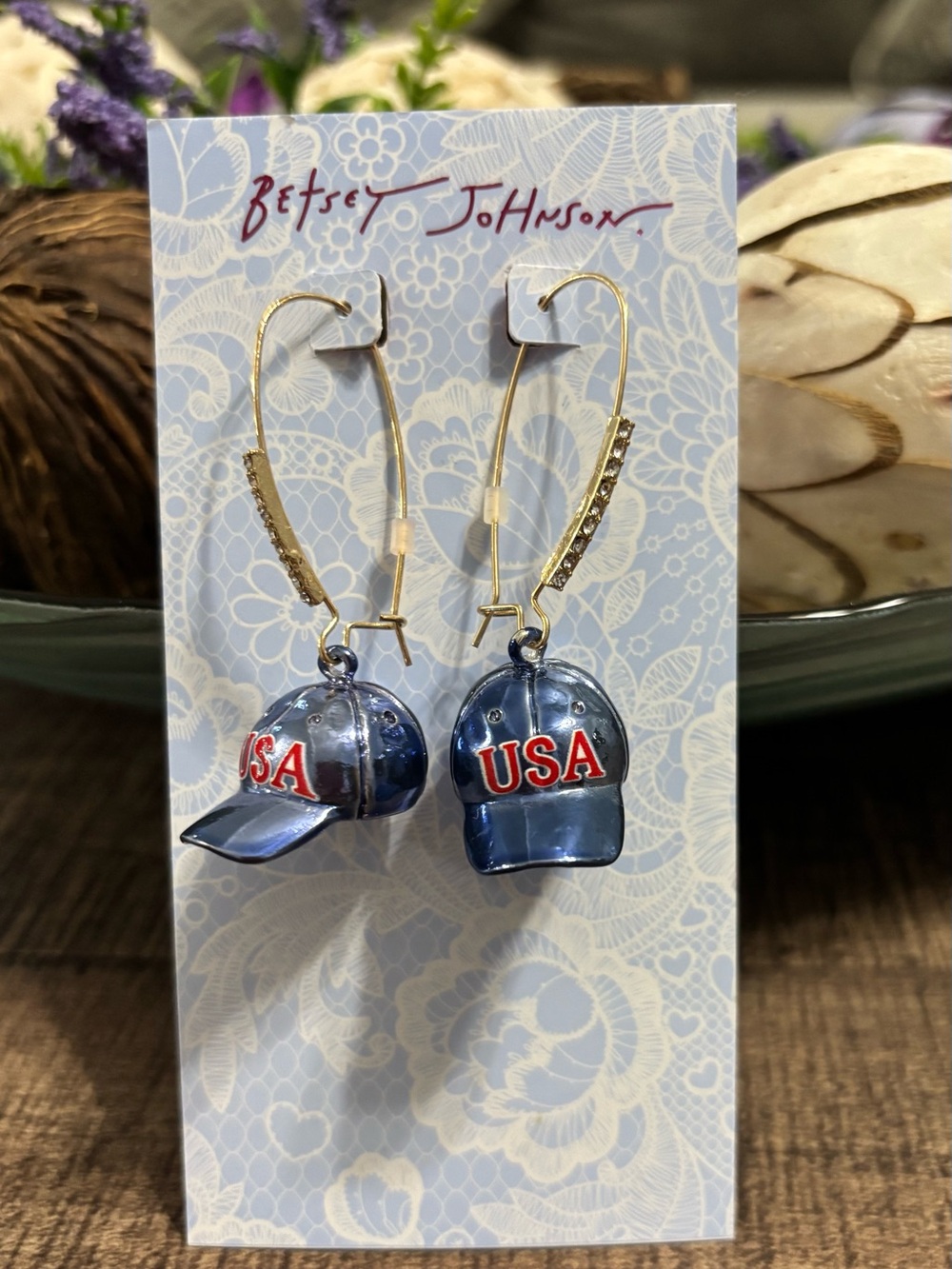 Betsey Johnson “USA” Baseball Cap Drop Earrings